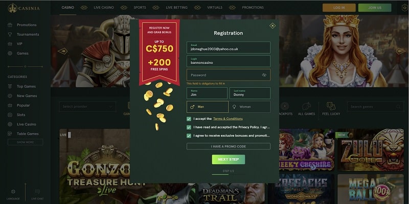 Casinia Casino No Deposit Bonus