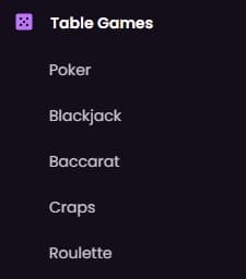 Screenshot of the iWild Casino table game lobby with categories for filtering games