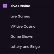 Screenshot of the iWild Casino live casino game lobby with categories for filtering games