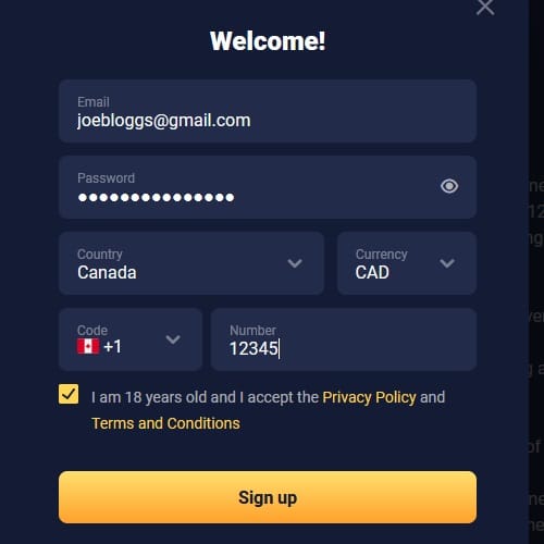 Joo Casino Signing Up - Step 1