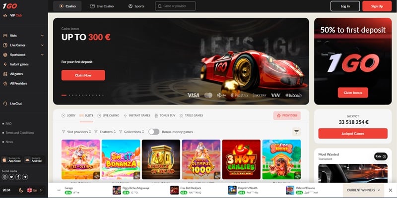 1GO Casino Homepage Sceenshot