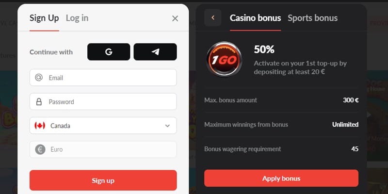 1go.casino registration page screenshot