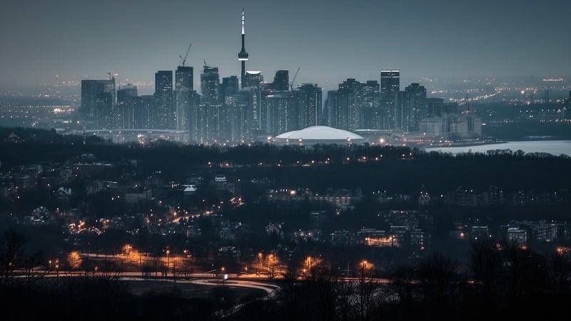 Glowing city skyline at dusk, modern development generated by AI