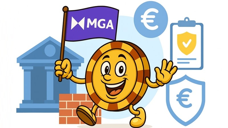 MGA licensed casinos safeguard player funds Malta Gaming Authority chip character holding flag with symbols of financial security