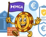 MGA mascot showing casino balance protection with shield and bank icons