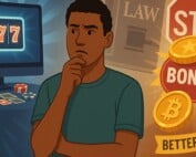 Illustration of a South African player caught between legal restrictions and overseas online casinos offering cryptocurrency bonuses and better odds