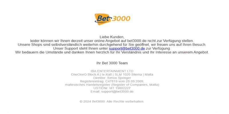 Bet3000 Online Casino bleibt vorerst geschlossen. 