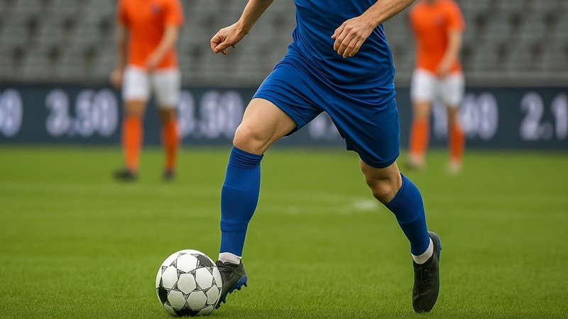 Image of a footballer wearing a blue kit dribbling a ball