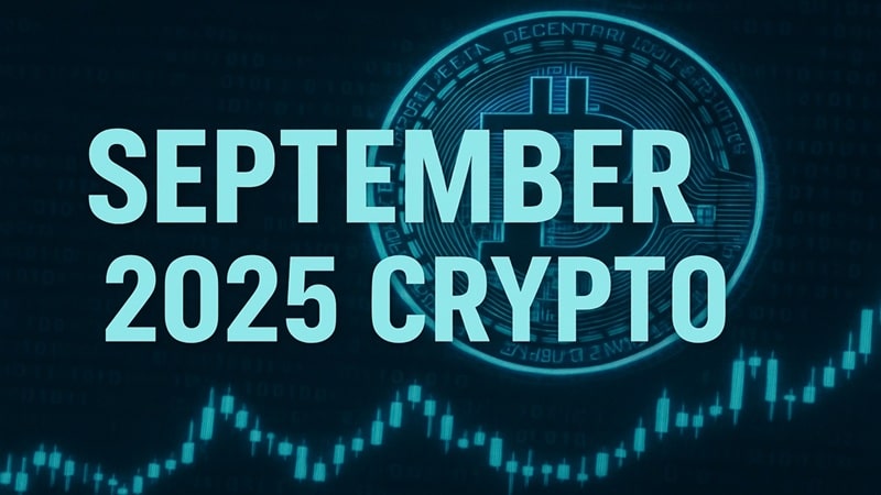Crypto Image with Bitcoin and trading chart candle sticks with September 2025 Crypto title