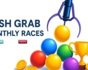 Cash Grab Monthly Races featured image with claw machine, colorful balls, coins and trophy, representing casino leaderboard promotion.