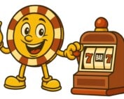 Casino Plus Bonus mascot playing slot machine illustration