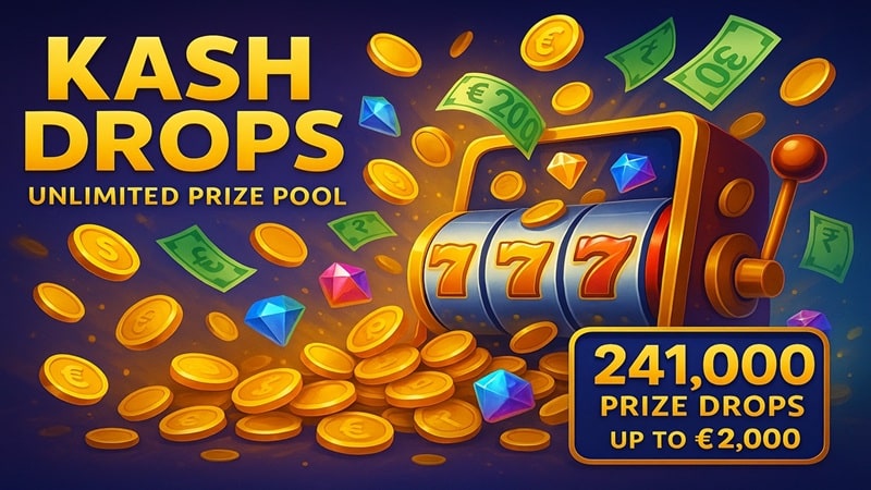 Online slot reels with random prize drops representing the Kash Drops promotion running until January 2026.