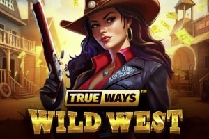 Wild West TrueWays slot logo with cowgirl holding rifle in western town