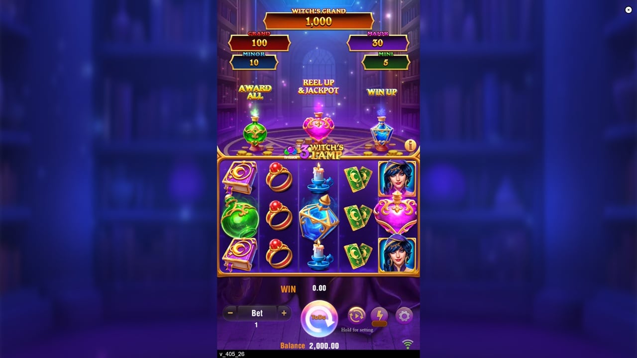 3 Witch's Lamp online slot game reels showing magical potions, spellbooks, witch character, and progressive jackpots with reel up feature