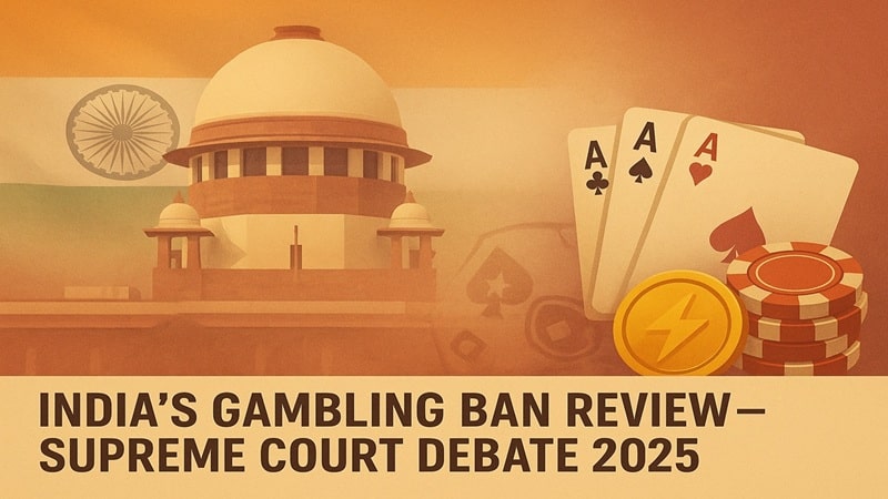 Editorial illustration of India’s Supreme Court with flag backdrop and casino elements symbolizing the country’s online gambling ban and black market expansion. India’s Supreme Court building with national flag and gambling symbols representing the 2025 online gambling ban review and black market concerns.