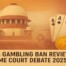 Editorial illustration of India’s Supreme Court with flag backdrop and casino elements symbolizing the country’s online gambling ban and black market expansion.