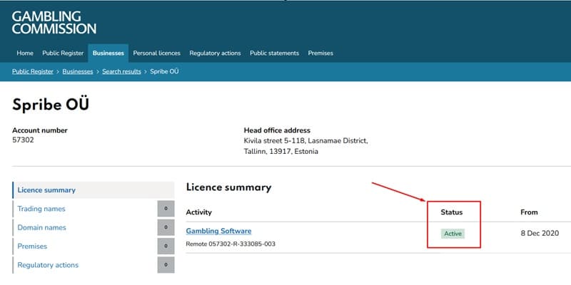 Spribe’s UKGC License 57302 Still Displays Active Status on Public Register Screenshot of Spribe OÜ's UKGC public register showing license 57302 with Active status despite suspension announcement