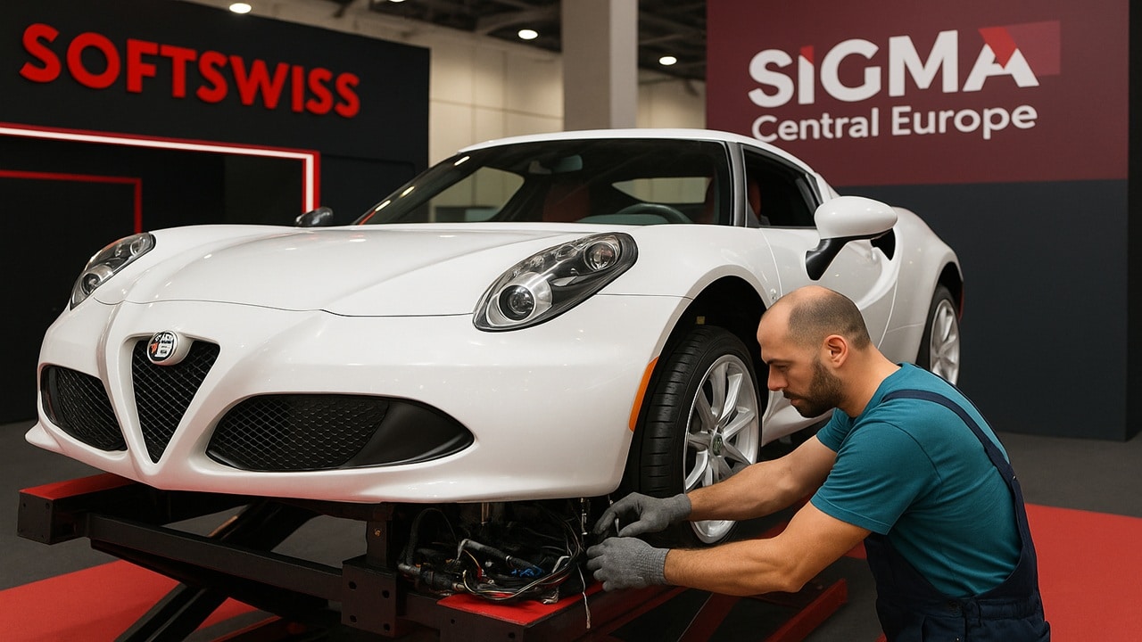 Automotive technician performing wheel alignment service on white Alfa Romeo sports car at professional service center