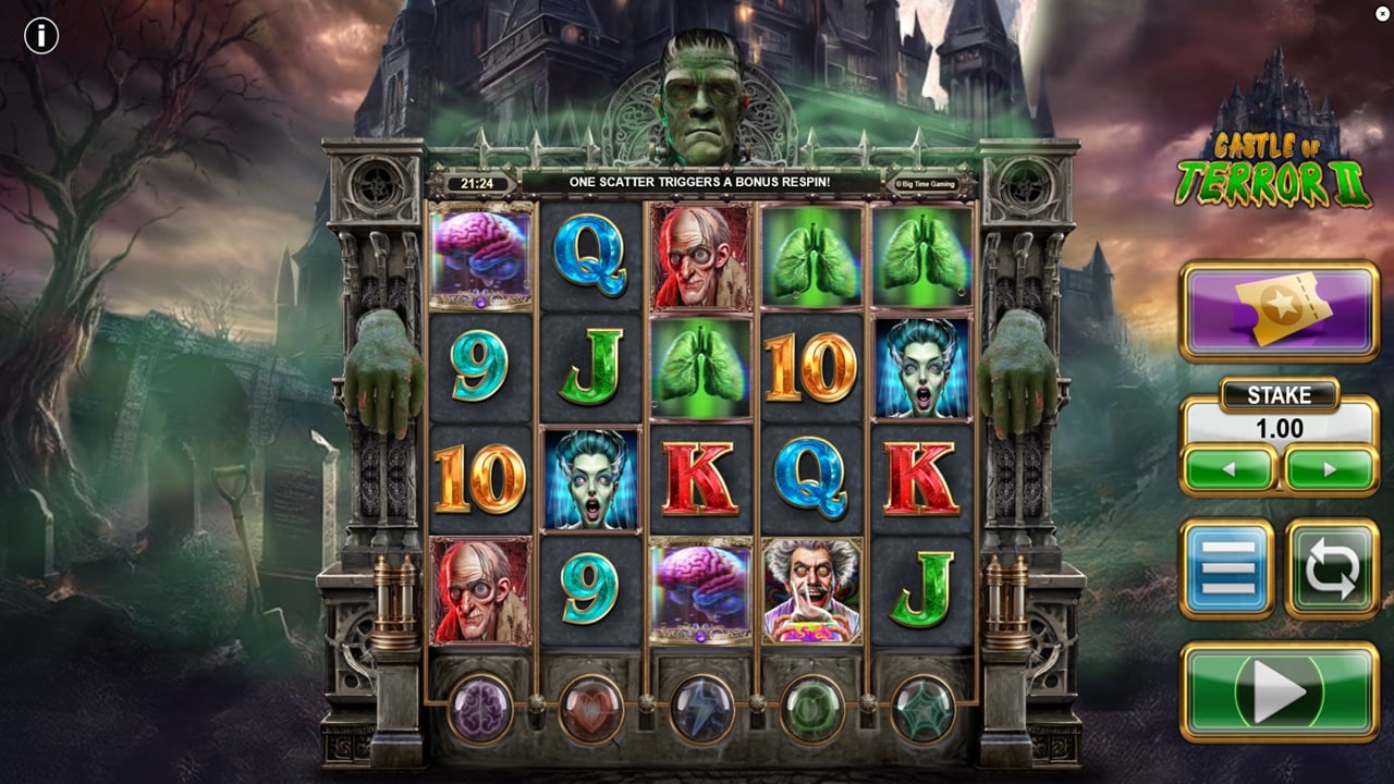 Castle of Terror II online slot game reels showing Frankenstein monster, horror characters, brain, lungs symbols with bonus respin feature