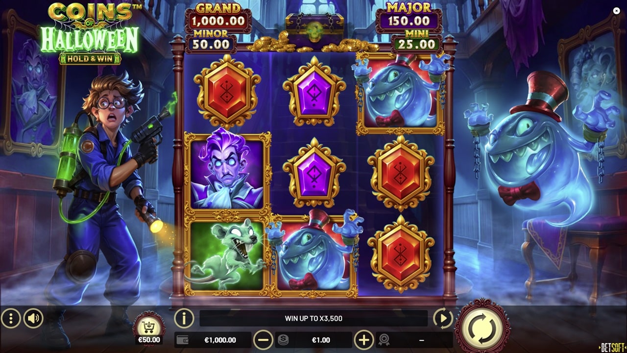 Coins Halloween Hold and Win online slot game showing 3x3 reels with ghost characters, purple vampire symbol, and red gem symbols in spooky haunted mansion setting