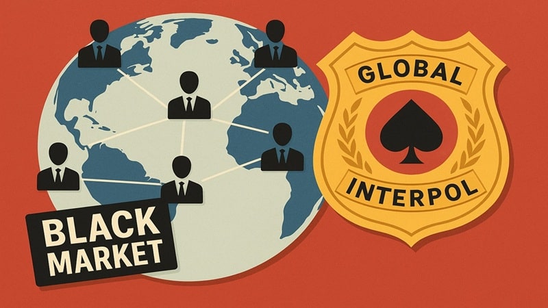 Global network of regulators connected across world map with gold Interpol-style badge featuring spade symbol, representing proposed international gambling enforcement network to combat black market operations
