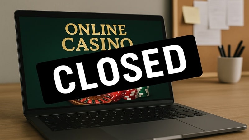 Online casino closure shown on laptop with CLOSED overlay and casino chips
