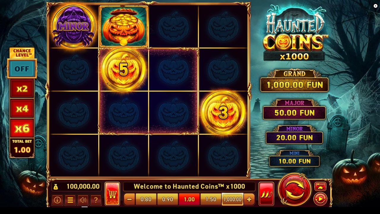 Haunted Coins x1000 slot game reels showing Halloween-themed symbols including glowing pumpkin coins, Minor jackpot symbol, and prize multipliers up to x1000
