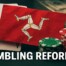 "Isle of Man flag with casino cards and chips representing gambling regulation reforms