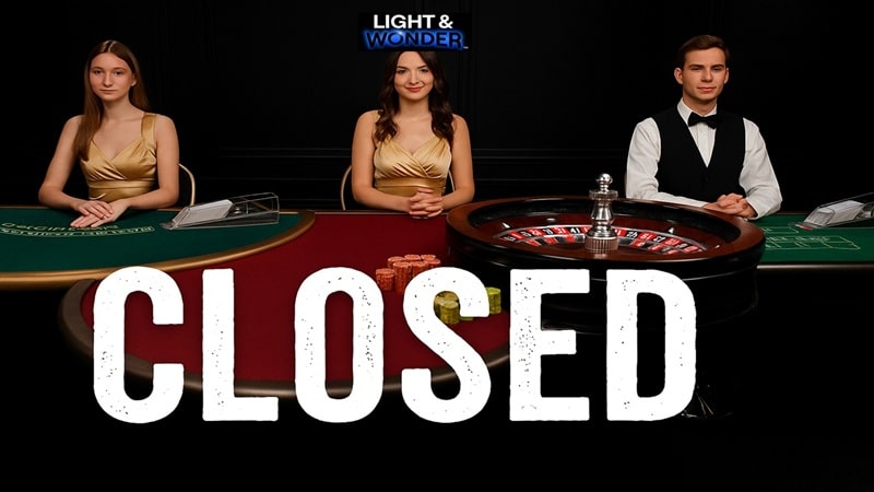Light & Wonder Live Casino Closed - Online Gaming Service Unavailable Light and Wonder live casino dealers at closed gaming tables with roulette wheel and card games