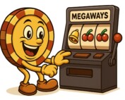 Casinoplusbonus mascot presenting Megaways online slot machine with dynamic reels showing cherry and bell symbols