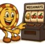 Casinoplusbonus mascot presenting Megaways online slot machine with dynamic reels showing cherry and bell symbols