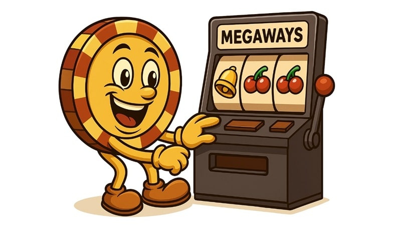 Casinoplusbonus mascot presenting Megaways online slot machine with dynamic reels showing cherry and bell symbols