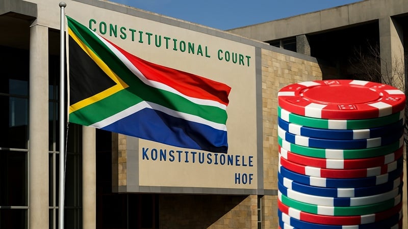 South African Constitutional Court building in Pretoria with national flag and casino chips representing freeplay tax ruling.