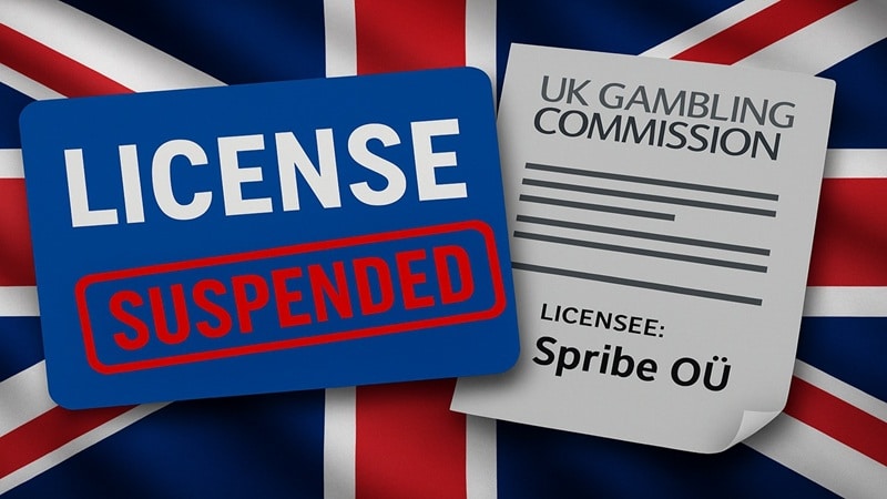 UKGC Suspends Spribe's UK Gaming License Over Hosting Requirement Violations UK Gambling Commission suspends Spribe OÜ license with red suspended stamp over blue license card against Union Jack flag background