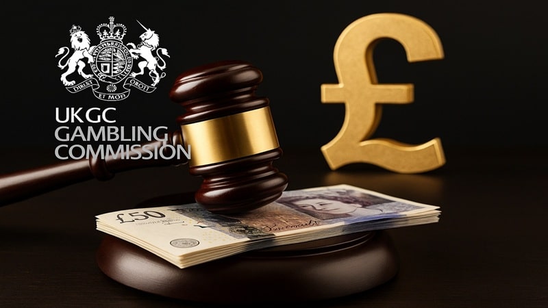 UK Gambling Commission enforcement image showing gavel and pound symbol representing 2025 operator fines.