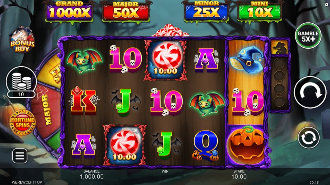 Werewolf It Up online slot game reels showing Halloween symbols, candy wilds, and progressive jackpots