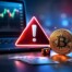 Bitcoin cryptocurrency with red warning sign beside casino chips and dice on dark background with trading charts, illustrating crypto gambling scams and fraud risks