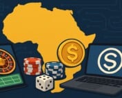 Africa map with crypto coins, casino games and laptops showing stablecoin integration in online gambling