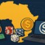 Africa map with crypto coins, casino games and laptops showing stablecoin integration in online gambling
