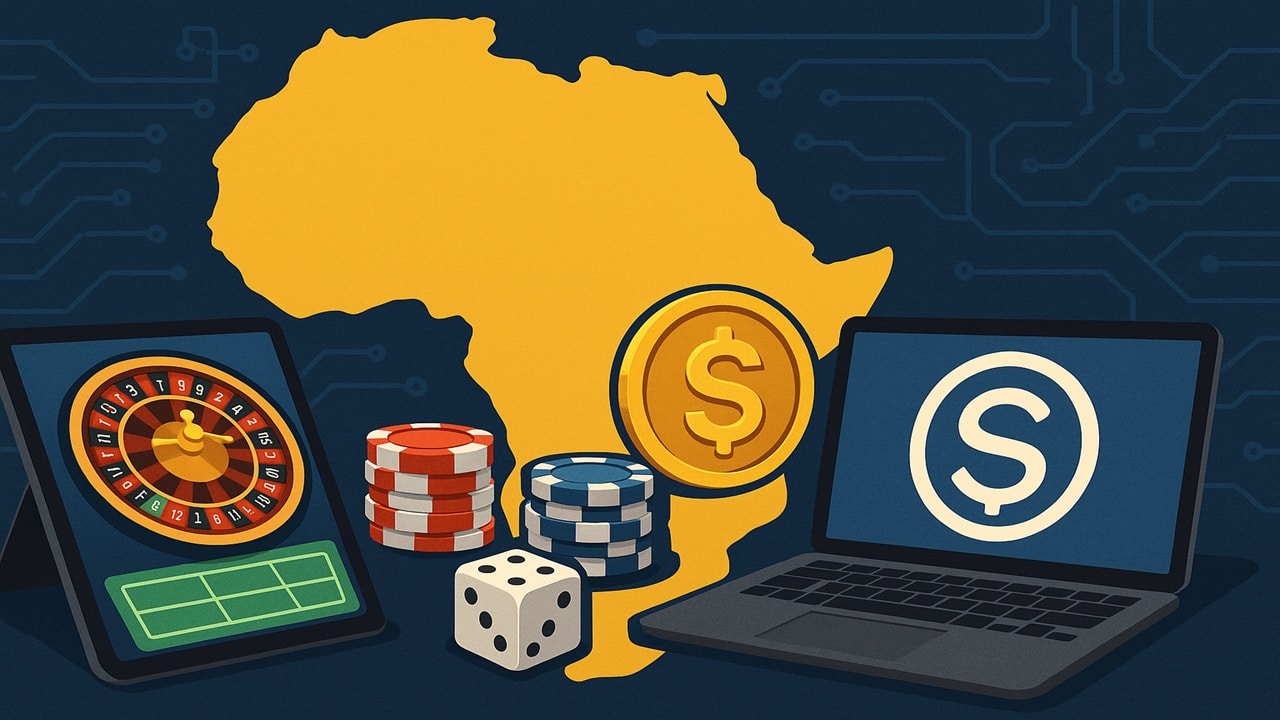 Africa map with crypto coins, casino games and laptops showing stablecoin integration in online gambling