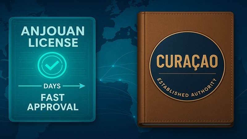 Close-up of Anjouan and Curaçao license seals representing global iGaming jurisdictions