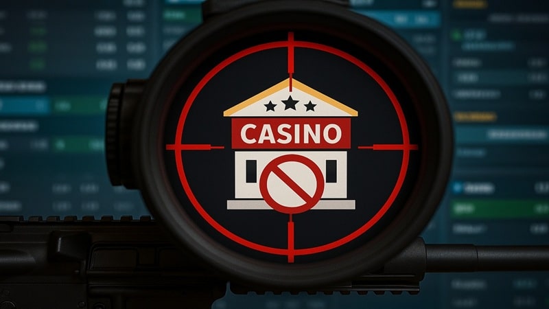 Casino building in crosshair with prohibition symbol representing gambling enforcement crackdown
