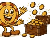 Casinoplusbonus EN mascot celebrating next to treasure chest overflowing with gold coins representing casino prize drop winnings