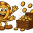 Casinoplusbonus EN mascot celebrating next to treasure chest overflowing with gold coins representing casino prize drop winnings