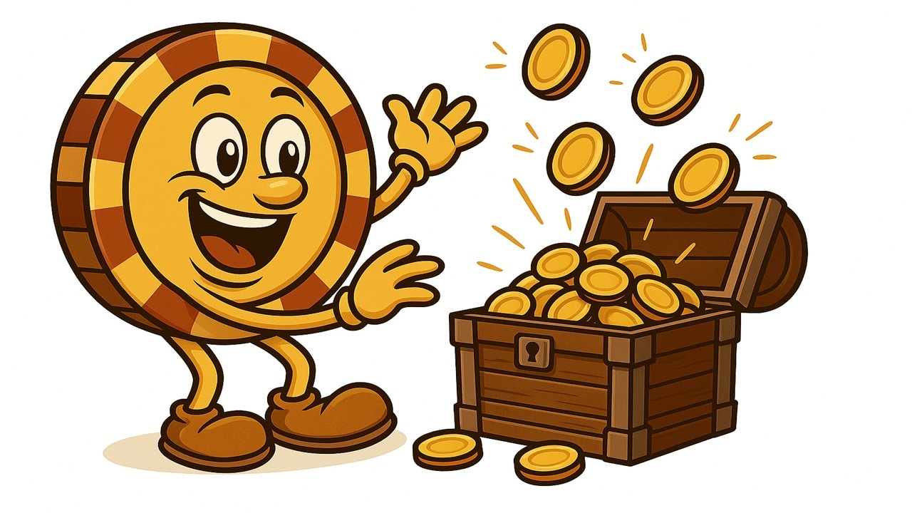 Casinoplusbonus EN mascot celebrating next to treasure chest overflowing with gold coins representing casino prize drop winnings