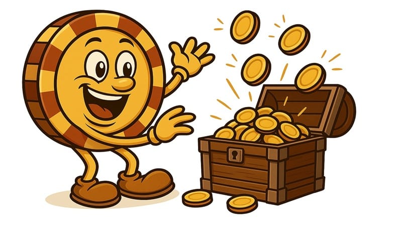 Casinoplusbonus EN mascot celebrating next to treasure chest overflowing with gold coins representing casino prize drop winnings