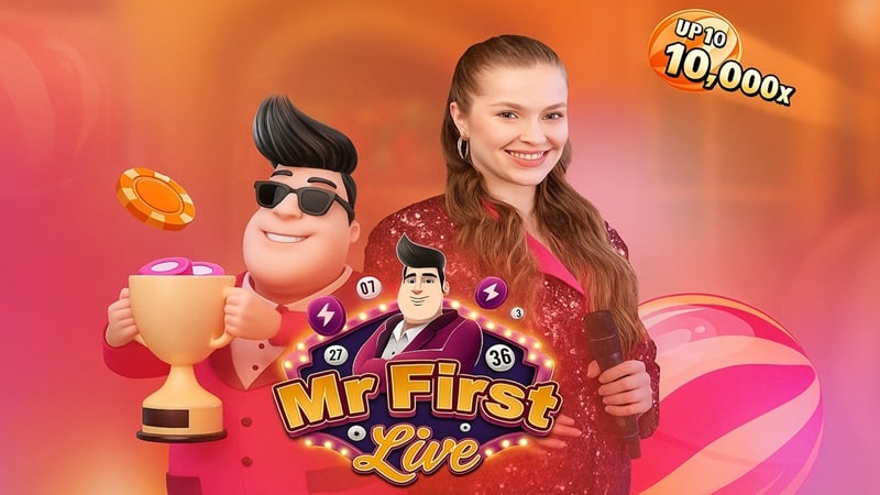 Creedroomz Mr. First Live interactive game show featuring live dealer host with cartoon character mascot, trophy, casino chips, and 10,000x multiplier bonus