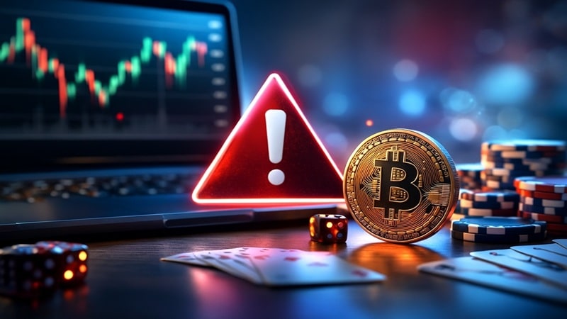 Cryptocurrency Scam Warning for Online Gamblers - Bitcoin Fraud Risk Bitcoin cryptocurrency with red warning sign beside casino chips and dice on dark background with trading charts, illustrating crypto gambling scams and fraud risks