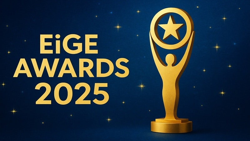 EiGE Awards 2025 trophy with gold star design on blue background celebrating European iGaming Excellence Awards winners announced in Warsaw