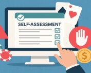 Computer screen displaying self-assessment checklist with gambling symbols including casino chips, warning sign, stop hand gesture, and dollar coin